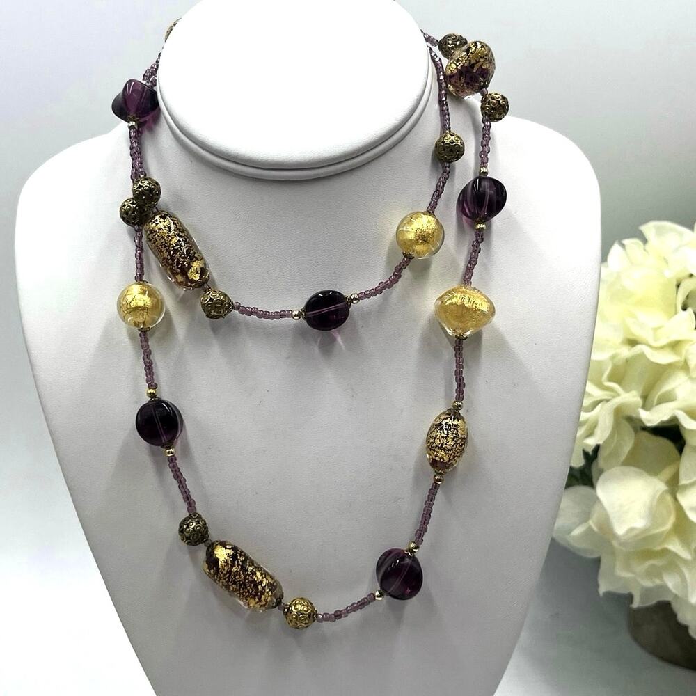 Purple Gold Foil Leaf Beaded Murano Vintage Glass Bead Embossed Brass Necklace